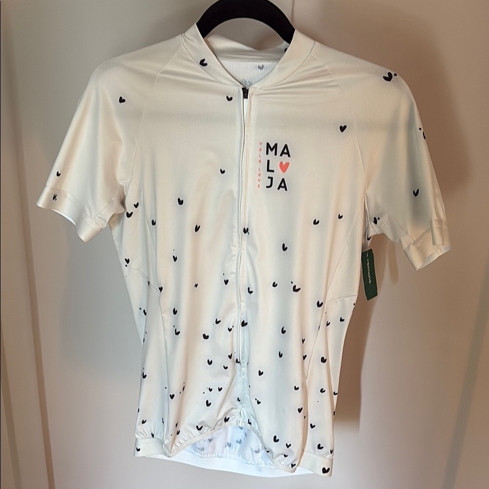 BNWT Maloja Valbona White Cycling Jersey with Black Heart Accents